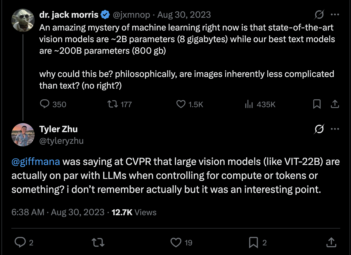 X conversation with Jack Morris: https://x.com/tyleryzhu/status/1696653496626380970?s=20