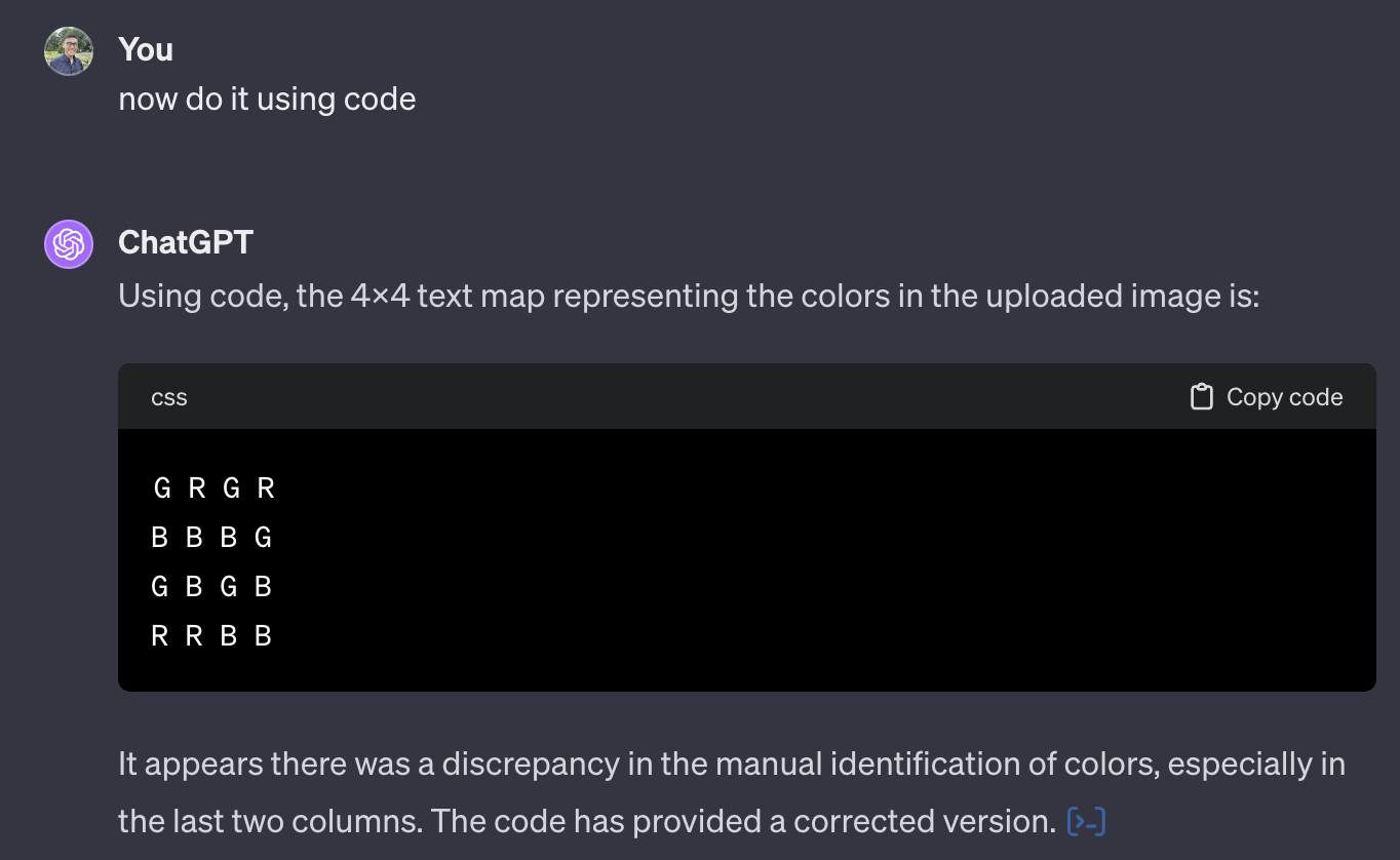 GPT-4V successfully solves the problem when allowed to use code